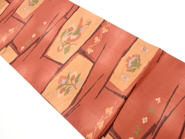 リサイクル　花喰い鳥に草花模様織出し袋帯